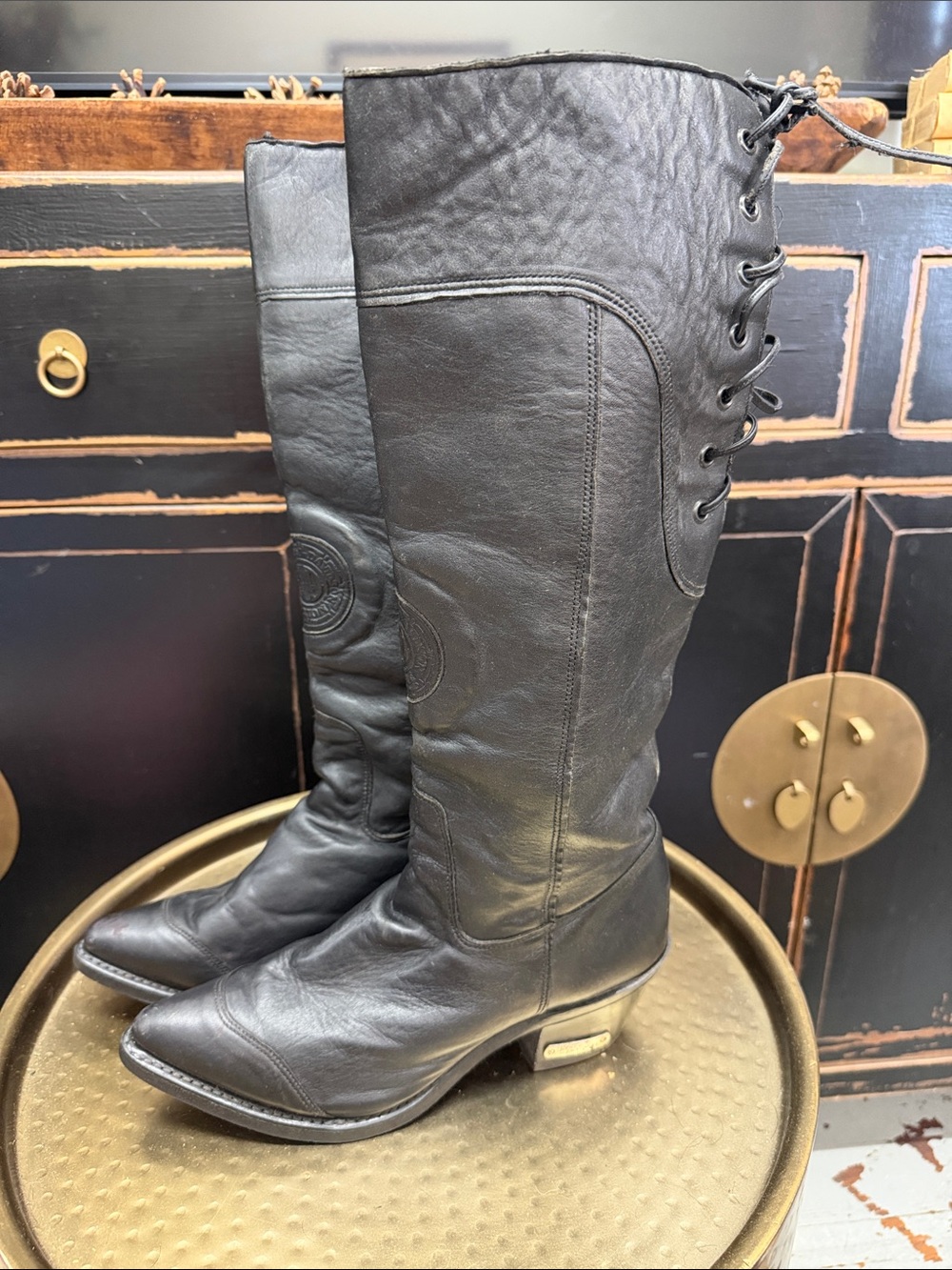 Harley-Davidson Vintage Black Leather Knee-High Lace-Up Women's Boots
